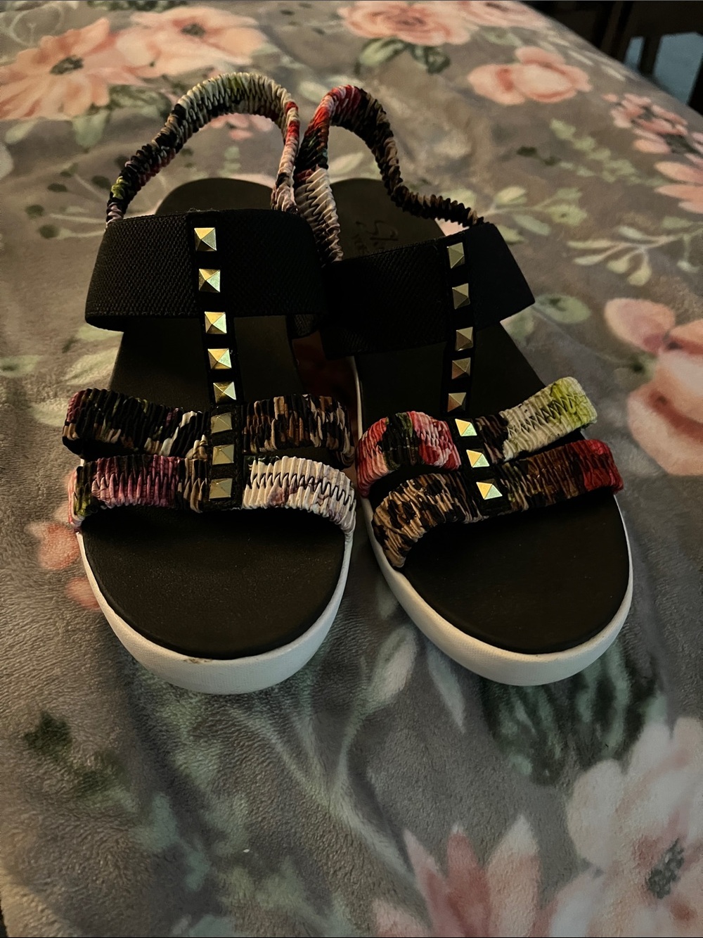 Skechers Black Sandals with Multicolor Elastic Straps and Gold Studs
